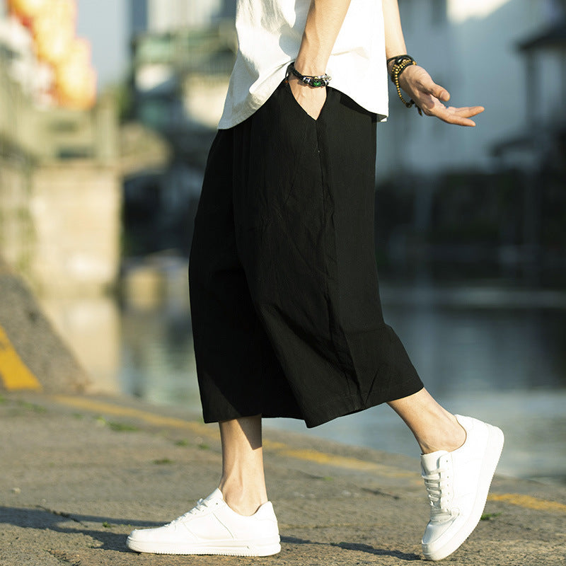 Linen Cropped Pants Mens Summer Thin Loose Plus Size