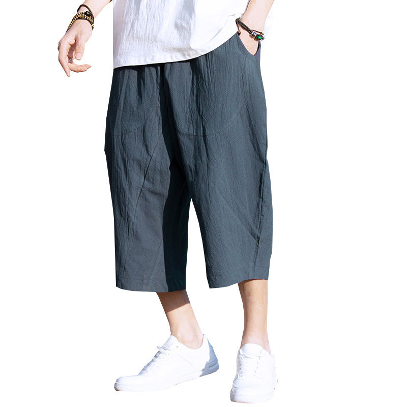 Linen Cropped Pants Mens Summer Thin Loose Plus Size