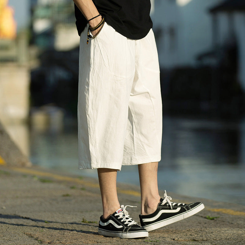 Linen Cropped Pants Mens Summer Thin Loose Plus Size